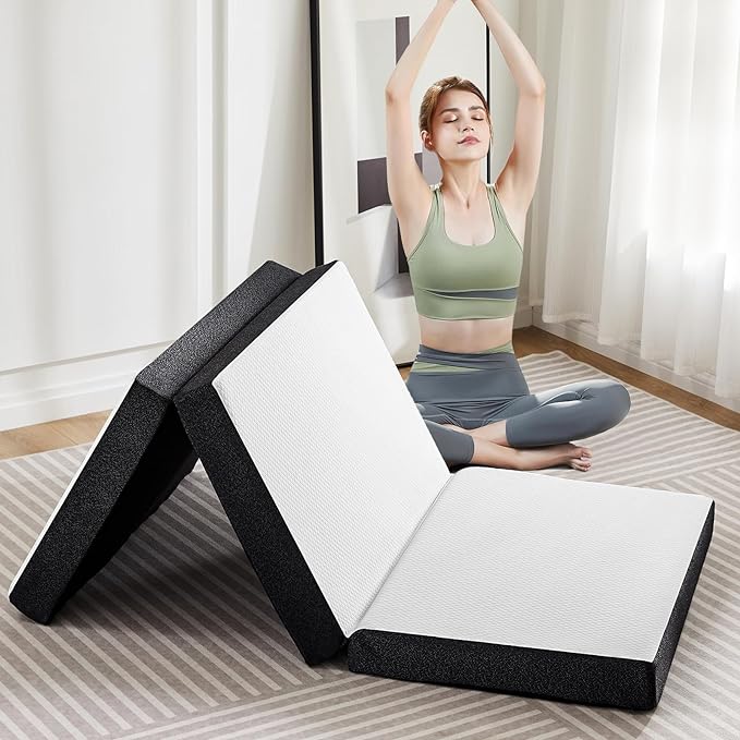 Tri-Fold Queen Memory Foam Mattress, 4 inch Folding Mattress Topper with Washable Cover, Portable Non-Slip Guest Floor Bed for Camping Travel