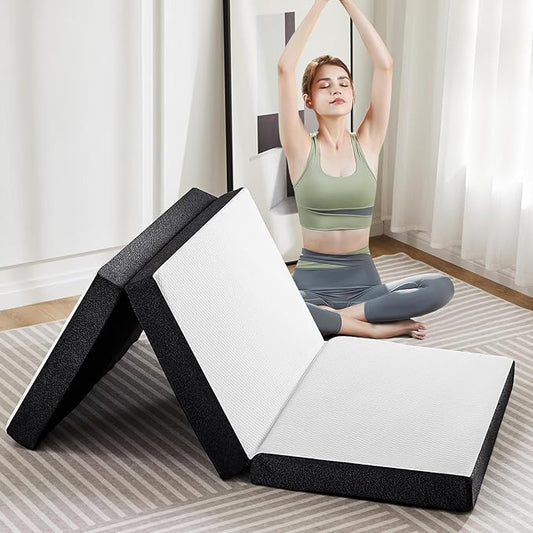 Tri-Fold Queen Memory Foam Mattress, 4 inch Folding Mattress Topper with Washable Cover, Portable Non-Slip Guest Floor Bed for Camping Travel