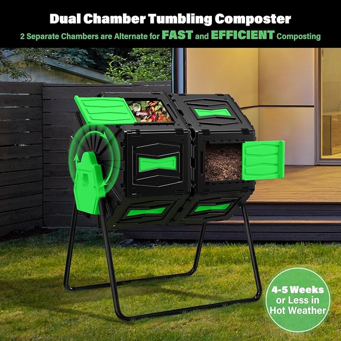 Compost Tumbler, Easy Assemble & Efficient Outdoor Compost Bin, 45 Gallon/170 Liter Large Dual Chamber Rotating Composter for Garden, Kitchen, and Yard Waste, Green Door - Image 2