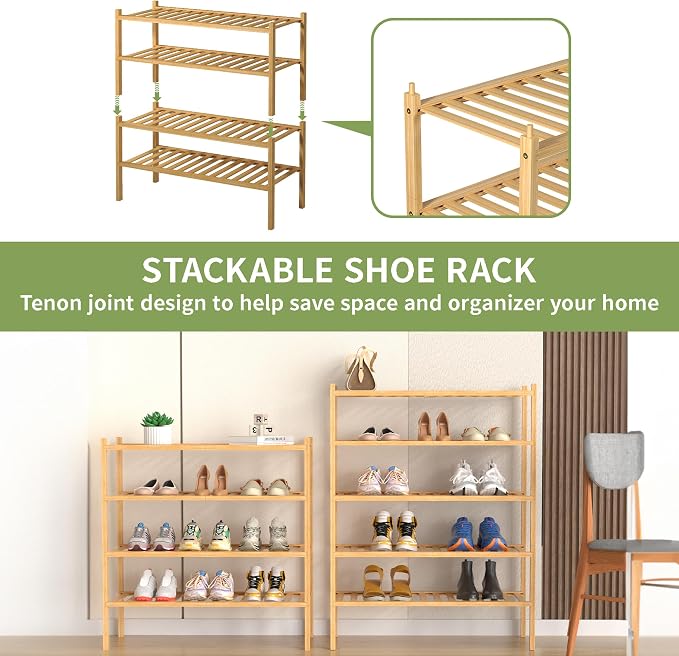 ROMGUAR CRAFT 5 Tier Bamboo Shoe Rack for Closet Free Standing Wood Shoe Shelf for Entryway Small Space Stackable 27"x11"x33" (Natural) - Image 5