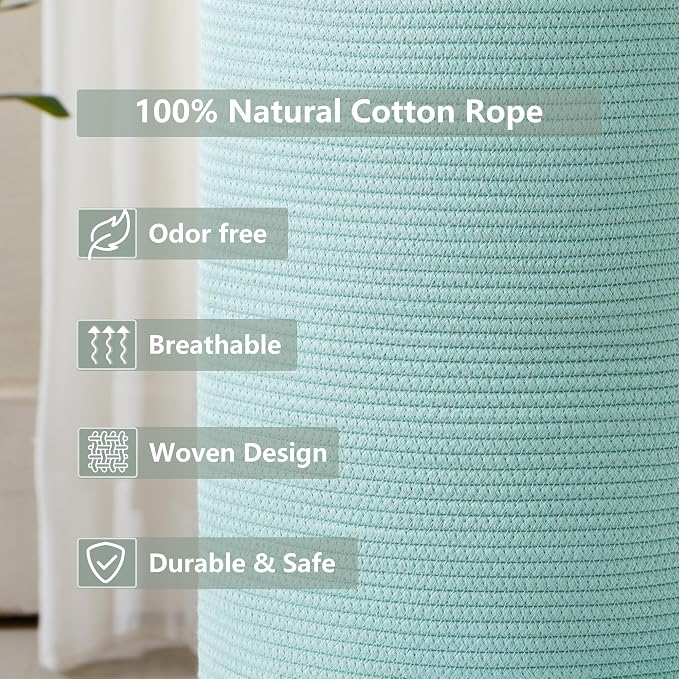 15Dx20H Inches Tall Green Cotton Rope Laundry Hamper Woven Basket for Clothes Blanket Storage in Bedroom Living Room for Baby Nursery Kids Toys Organize 62L Large Capacity - Image 5
