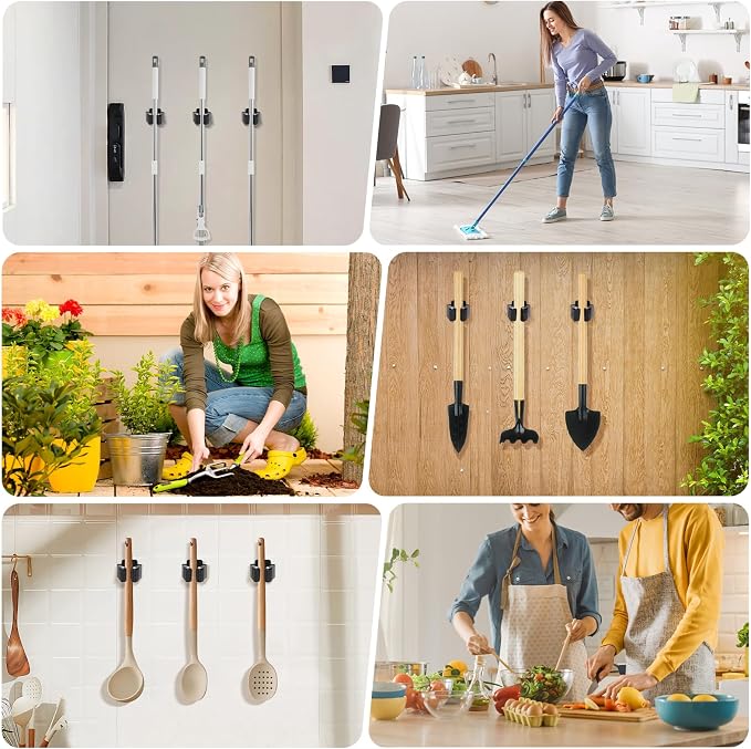 Broom Holder Wall Mount, 7PCS Broom Hanger Wall Mount, Stainless Steel Heavy Duty Mop Holder Broom Mop Hanger Wall with Screws, Garden Outdoor Tool Organizer Rack Broom Hanger (Black) - Image 7