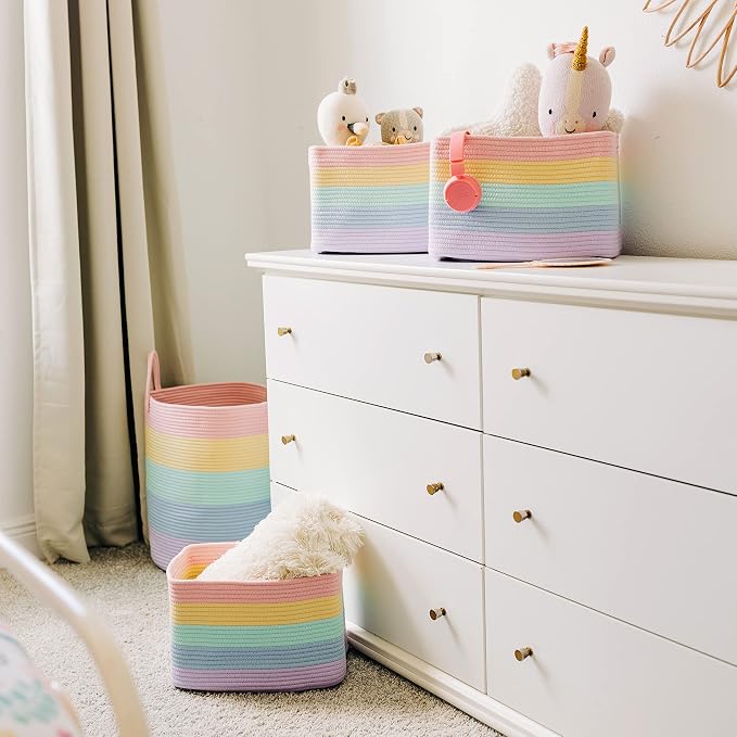 OrganiHaus Pastel Rainbow Basket - Colorful Woven Storage Basket for Playroom, Nursery & Classroom Decor & Toy Storage, 15x9x10 - Image 8