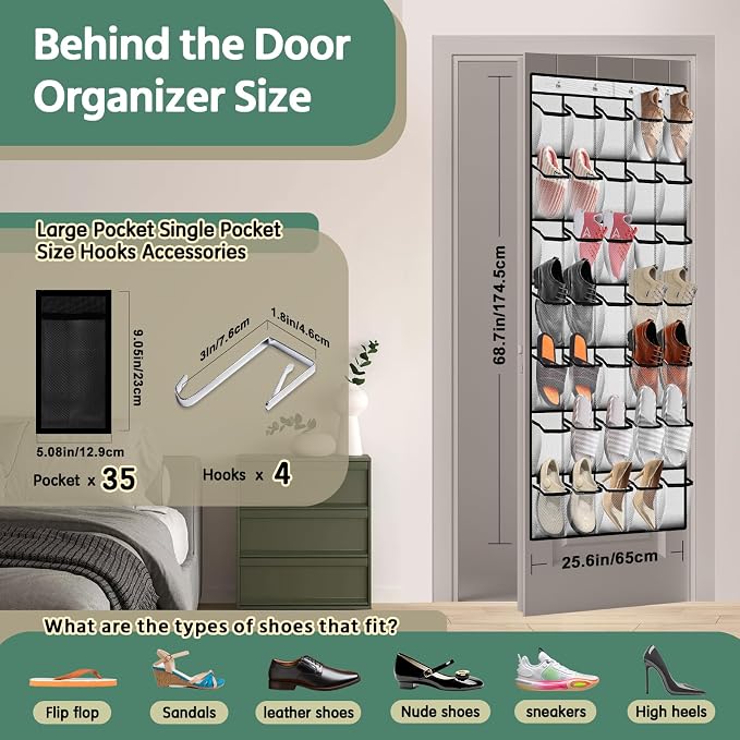 PAULONE 35 Pocket Over the Door Shoe Organizer,Reusable Breathable Large Mesh Bag Men's & Women's Sneaker Organizer,Shoe Organizer for Kids,Hanging Shoe Storage Hanging Bag (2PCS-White) - Image 2