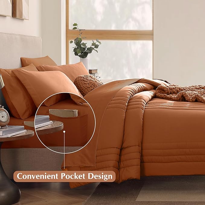 Monbix Super King Plus Size Comforter Set - 7 Pieces Burnt Orange Bed in a Bag Super King Plus Bedding Sets with Comforters, All Seasons Comforter Bed Set with Sheets,Pillowcases & Shams
