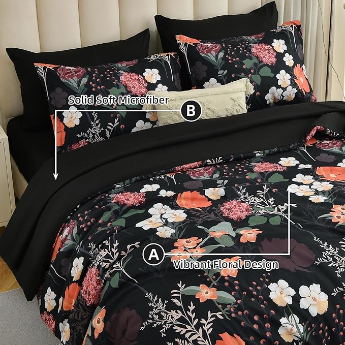 Yiran Black Red Floral Comforter Set Queen Size, 7 Piece Winter Comforter Bedding Set, Colorful Farmhouse Bed in a Bag, Soft Microfiber Complete Bedding Set with Sheets for All Season