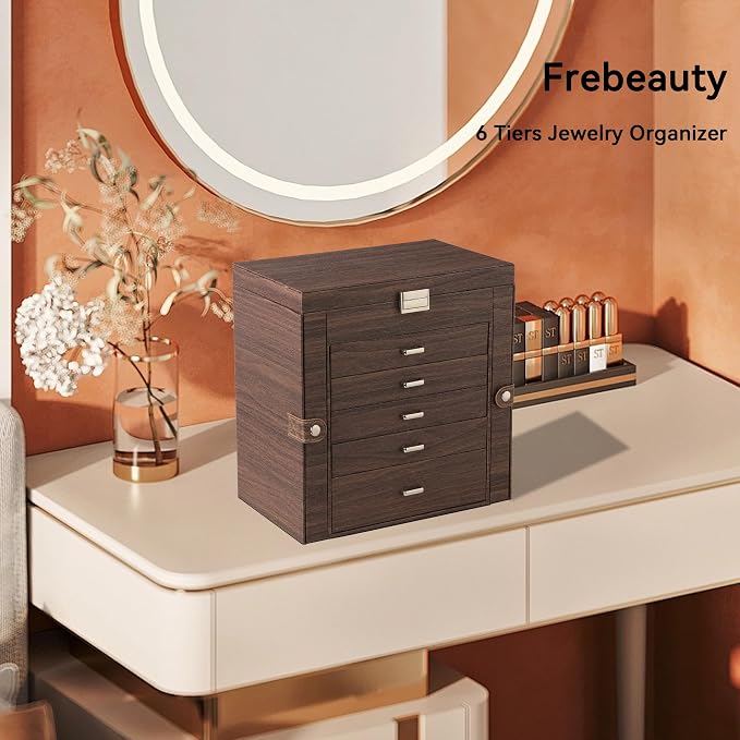 Frebeauty Large Jewelry Box,6-Tier PU Leather Jewelry Organizer,Multi-functional Storage Case with Mirror,Accessories Holder with 5 Drawers for Necklace Bracelets Watches(Tree Brown) - Image 2