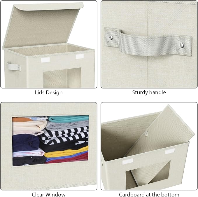 Univivi Fabric Foldable Storage Boxes with Lids [4-Pack] Collapsible Storage Bins for Clothes Closet Organizers with Handles Storage Cube Basket for Home, Office, Bedroom (Beige, 17"" x 12"" x 12"") - Image 4