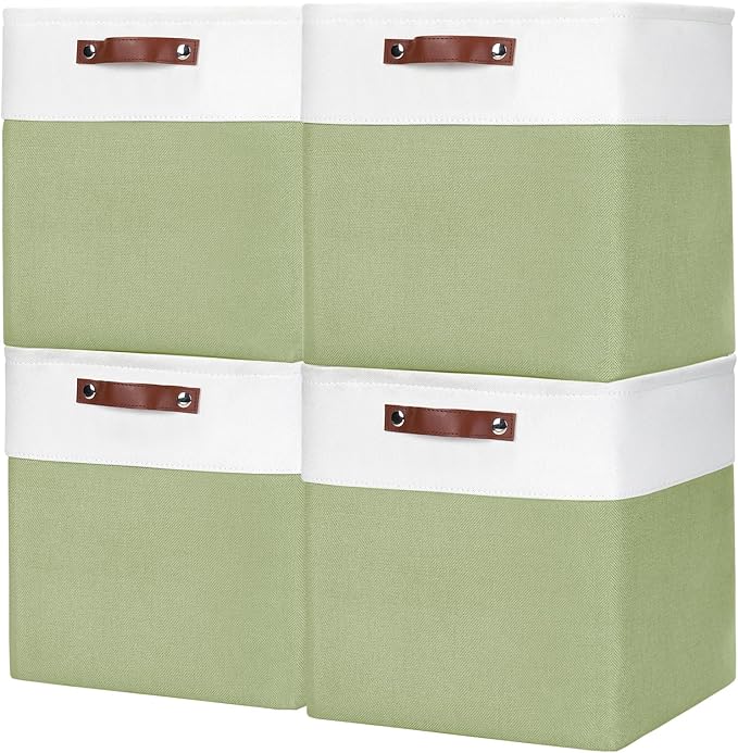 Bagnizer 13x13 Cube Storage Bins, Collapsible Fabric Storage Box, 4 Pack Closet Baskets with Handles for Organizing, Shelf, Toys, Clothes, Home, Office, Nursery (Green&White) by Bagnizer