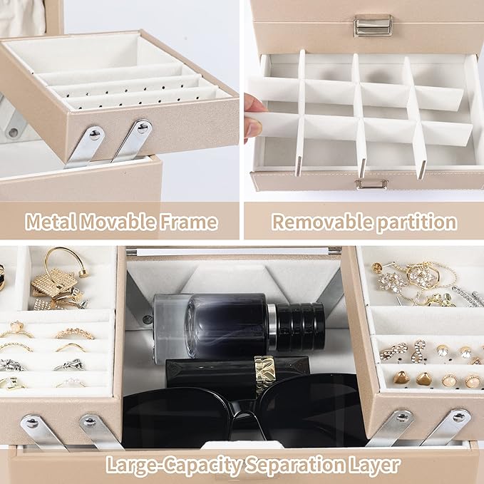 Dajasan Jewelry Organizer Box, Large Jewelry Boxes for Women Girls, Space-Saving 4 Layers Jewelry Storage Case with Drawer, Movable Metal Stand, Modern, Gift Idea (Champagne + Silver) - Image 5