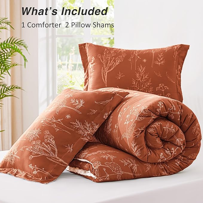 Love's cabin Terracotta Comforter Set King - King Size Comforter Set, 3 Pieces Cute Floral Bedding Sets for All Seasons,1 Soft Reversible Botanical Flowers Comforter and 2 Pillow Shams