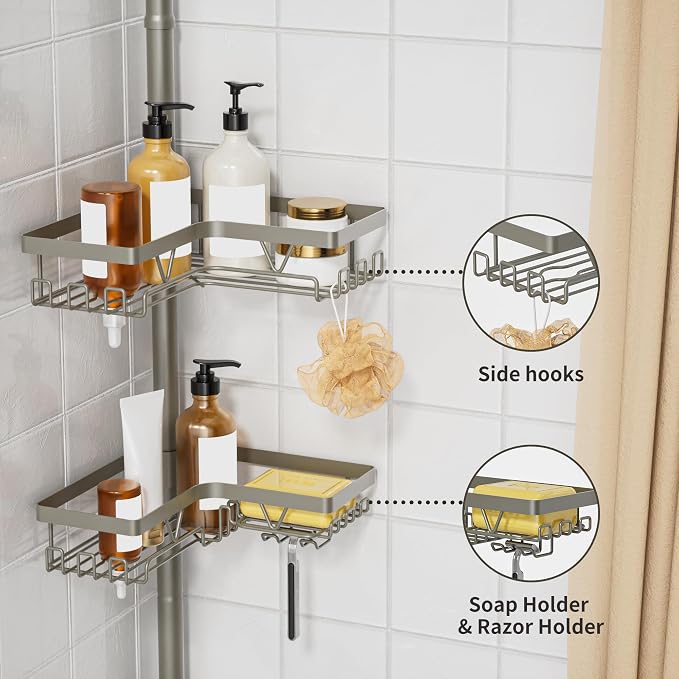 KEGII Shower Caddy Tension Pole, 4-Tier Rustproof Adjustable Corner Bathroom Organizer for Renters, 25–114.2 Inch No Drill Space-Saving Shower Storage Rack, Silver Gray - Image 3