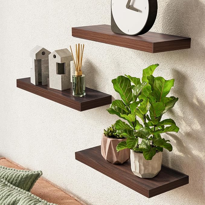 BAYKA Floating Shelves for Wall, Set of 3, Wall Mounted Rustic Wood Shelves for Bathroom, Bedroom, Living Room, Kitchen, Small Hanging Shelf for Books/Storage/Room Decor, Walnut-Like, 15.7in - Image 2