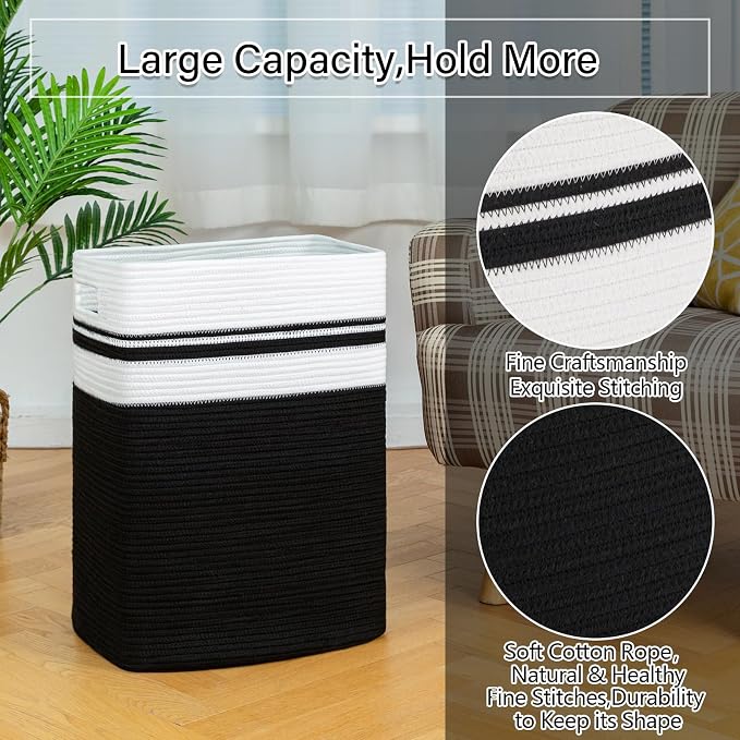 OIAHOMY 91L Laundry Hamper, XXXLarge Laundry Basket, Collapsible Cotton Rope Basket,Woven Storage Basket for Blankets,Clothes,Pillows-16x15x24-Black&white - Image 5