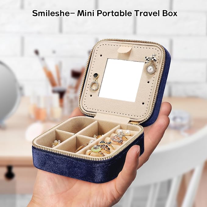 Plush Velvet Travel Jewelry Box for Women & Girls - Small Portable Organizer, Storage Case for Rings, Earrings, Necklaces & Bracelets – Ideal Gift for Travel & Occasions (Dark blue) - Image 5