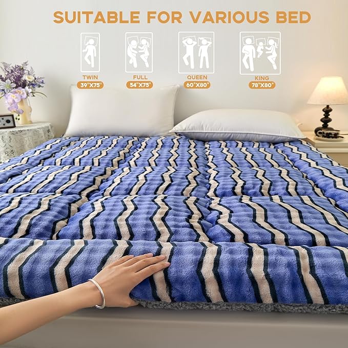 Twin Mattress Pad 39 x 75 inches, Warm Thicken Velvet Mattress Topper Twin Protector with 4 Elastic Band, Suitable for Mattresses up to 15 inches Thick Washable, Blue W Stripes