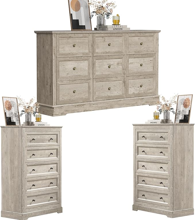 KIGOTY Farmhouse Bedroom Set, 3 Piece Bedroom Furniture Set, 9/5 Drawer Dressers,Rustic Closet Clothes Organizer, Drawer Dresser Set for Home,Grey