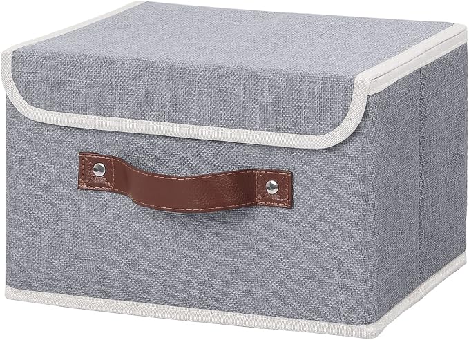 ANMINY Storage Bin with Lid Storage Boxes with PU Leather Handles PP Plastic Board Decorative Foldable Lidded Cotton Linen Fabric Home Cubes Baskets Closet Organizer Container - Gray, Small Size by ANMINY
