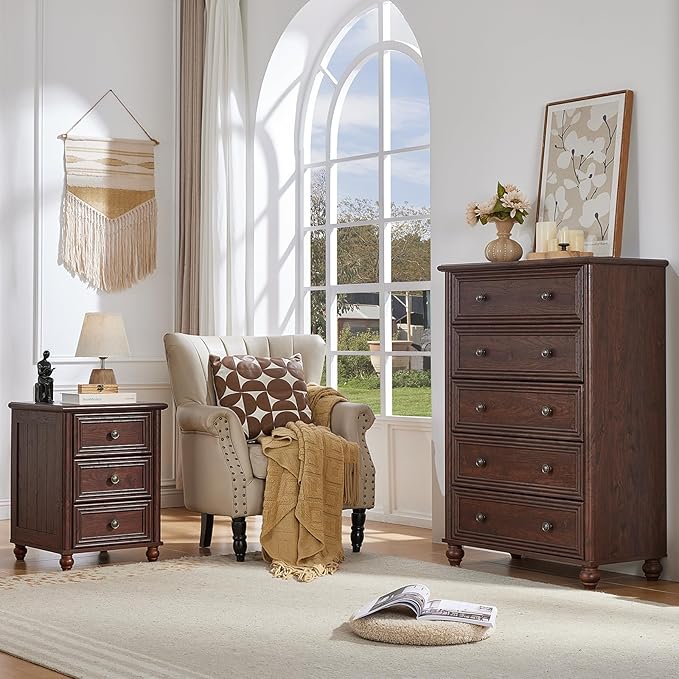 RWYHG 18" Farmhouse Night Stand Set of 2, Walnut Wood Nightstand with 3 Drawers, Bedside End Table with Storage and Roman Column, Bed Side Tables Cabinet for Bedroom, Living Room, and Closet