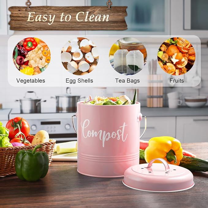DAYYET Compost Bin Kitchen, 1.3 Gallon Farmhouse Kitchen Compost Bin Countertop, Indoor Countertop Compost Bucket with Lid and Charcoal Filters, Pink - Image 4