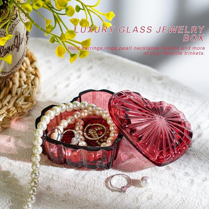 kanpura Crystal Glass Heart-Shaped Jewelry Box,Candy Box with Lid,Women's Covered Earrings Necklace Chest Trinket Storage Box, Glass Jar Christmas Gifts for Women and Girls(Burgundy) - Image 3