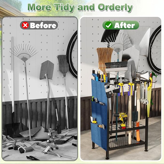 Garden Tool Organizer, Garden Yard Tool Rack for Garage, Garage Organization and Storage, Metal Yard Tools Storage up to 46 Tools/Rake/Broom/shovel/, Suitable for Garage, Yard, Patio, Shed - Image 6