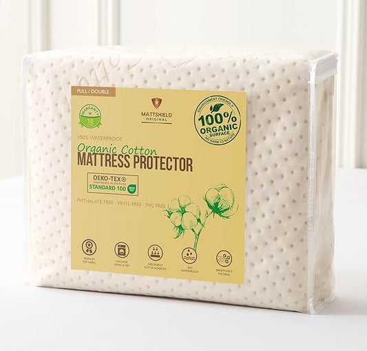 Luxury Waterproof Organic Mattress Protector Full Size - Organic Cotton Breathable Mattress Pad Cover - Premium 380 GSM 3D Air Fabric - Deep Pocket - Jersey Cotton Skirt - Fitted Design
