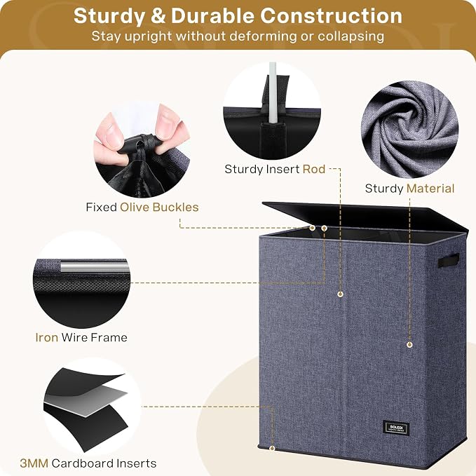 SOLEDI Large Double Laundry Hamper with Lid, Collapsible Clothes Hamper 2 section with Removable Bags, Space-Saving Laundry Basket for Bedroom, Dorm, College - Image 5