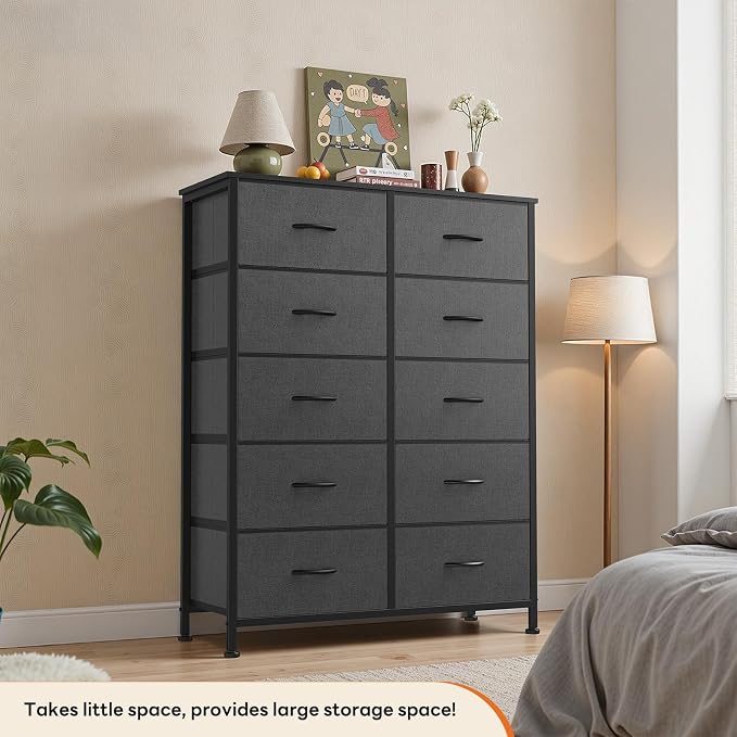 Sweetcrispy 10 Drawer Dresser, Tall Fabric Dresser for Bedroom, Storage Tower with Bins Chest Organizer Unit for Closet, Hallway, Steel Frame Wood Top, Easy Pull Handle, Grey - Image 5
