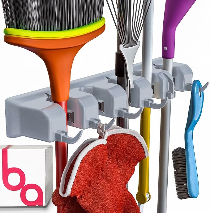 Berry Ave Broom Holder & Wall Mount Garden Tool Organizer- Kitchen, Closet, Garage & Laundry Room Storage With 5 Slots And 6 Hooks- Wall Holder For Broom, Rake & Mop Handles Up To 1.25” [Gray, 2 Pack] by BerryAve