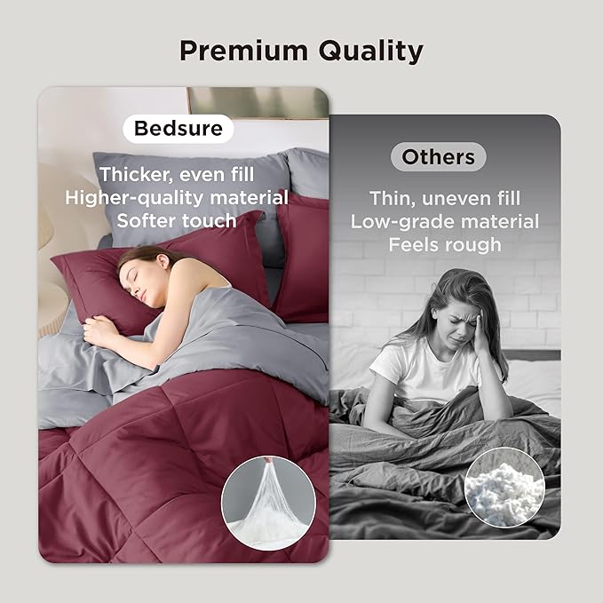 Bedsure Twin Comforter Set - 5 Pieces Reversible Burgundy Bedding, Twin Size Bed Set for All Seasons, Bed in a Bag with Down Alternative Comforter, Sheets, Pillowcase & Sham