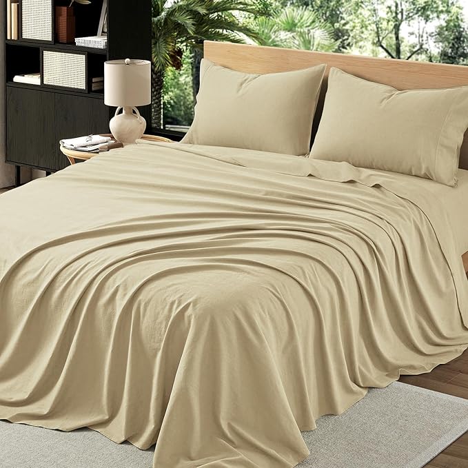 4Pcs Linen Sheets King Size, 100% French Linen from Normandy, Breathable Linen Yellow King Sheet Set with 16 Inch Deep Pocket, 1 Flat Sheet, 1 Fitted Sheet, 2 Pillowcases