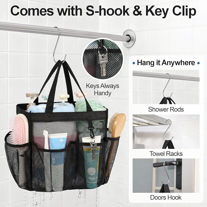F-color Mesh Shower Caddy Portable with 2 Pack Name Tags, Upgrade Deeper 7 Pockets Shower Bag Tote for College Dorm Room Toiletry Bathroom Essentials Gym Camp Quick Dry 2 handles with S Hook, Black - Image 8