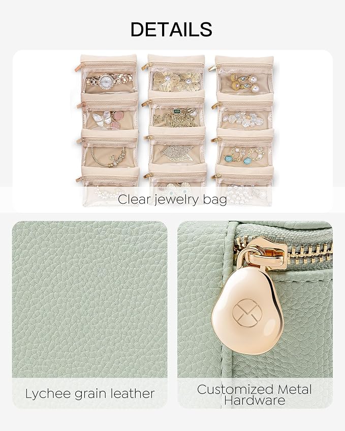 Vlando Jewelry Travel Case,Travel Jewelry Organizer with Clear Velvet Jewelry Bags 12Pcs Zipper Pouch for Women-Mint Green - Image 3