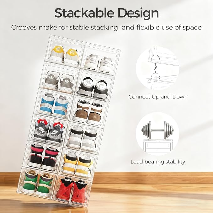 Pinkpum Upgraded Hard Shoe Storage Box 12 Pack X-Large Fit Size 12, Thicken & Sturdy Clear Plastic Stackable Shoe Organizer Box Closet, Sneaker Storage Display Case Holder Bins with Magnetic Door - Image 6