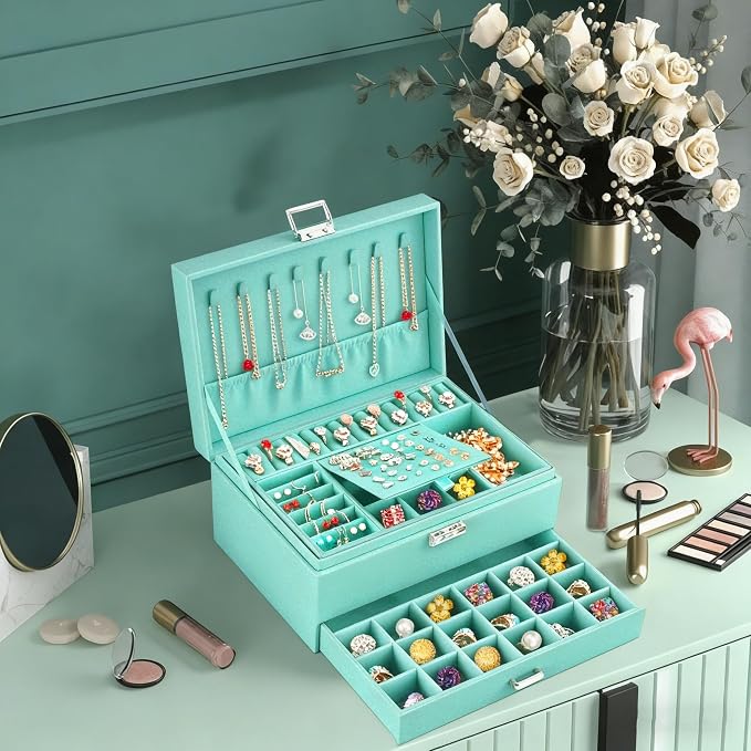 QBestry 3-Layer Jewelry Box for Girls & Teens with Lock and Key, Large Jewelry Organizer with 8 Necklace Hooks & 56 Earring Holes, Teal Velvet Jewelry Storage Box for Necklaces Earrings Rings Bracelet - Image 4