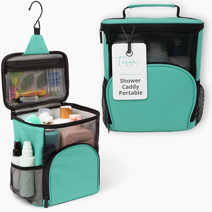 Original Shower Caddy For College Dorms- Travel Shower Caddy - Dorm Organizer Bag - Large Capacity, Quick Dry and Water Resistant with Metal Hook - Portable and Foldable Bag for Gym and Travel (Aqua) by TERRAHOME