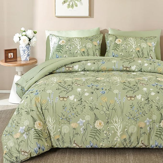 Yiran Sage Green Floral Comforter Set King Size, 7 Piece Botanical Comforter Bedding Set, Farmhouse Bed in a Bag, Soft Microfiber Complete Bedding Set with Sheets for All Season