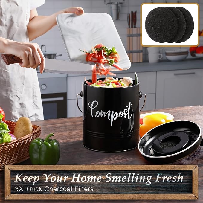 DAYYET Compost Bin Kitchen, 1.3 Gallon Farmhouse Kitchen Compost Bin Countertop, Indoor Countertop Compost Bucket with Lid and Charcoal Filters, Black - Image 3