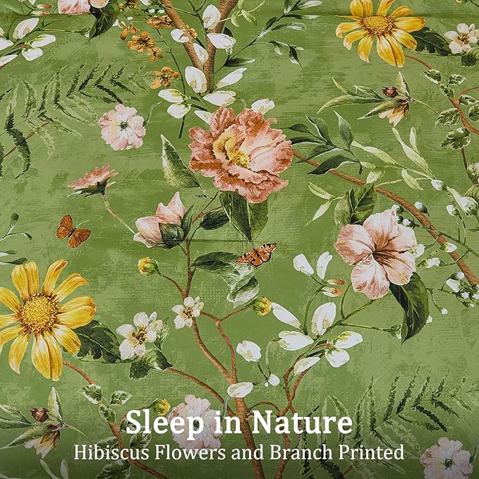 Yiran Sage Green Hibiscus Floral Comforter Set King Size, 7 Piece Bird Flowers Botanical Comforter Bedding Set, Vintage Bed in a Bag, Soft Microfiber Complete Bedding Set with Sheets for All Season