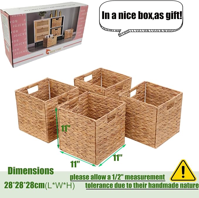 11x11in Storage Baskets 4 Pcs Square Baskets for Cube Shelf,Foldable Handwoven Water Hyacinth Storage Bins for Laundry Organizer - Image 4