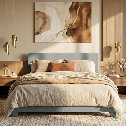 SHA CERLIN Queen Size Platform Bed Frame with Clean Line Fabric & Adjustable Headboard, Wood Slats Support, No Box Spring Needed, Easy Assembly, Light Grey