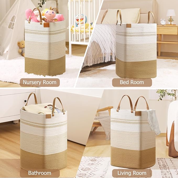 danpinera 100L Nursery Hamper, Tall Woven Laundry Basket with Long Leather Handles, Boho Laundry Hamper for Living Room & Bedroom, Eco-friendly & Convenient Decorative Storage Basket White & Jute - Image 4