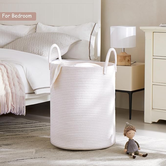 60L Pure White Woven Hamper Laundry Basket Cotton Rope Blanket Basket for Living Room 15Dx20H inches Tall Clothes Hamper for Baby Nursery Kids in Bedroom Large - Image 2