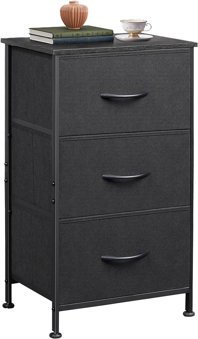 WLIVE Dresser with 3 Drawers, Fabric Nightstand, Organizer Unit, Storage Dresser for Bedroom, Hallway, Entryway, Closets, Sturdy Steel Frame, Wood Top, Easy Pull Handle, Charcoal Black