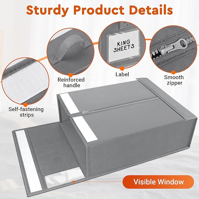 StorageTastic 6 Pack Bed Sheet Closet Organizers and Storage,Sturdy Foldable Storage Containers with Window and Label,Storage and Organization for Bedding Sheets,Duvet Covers,Blankets (Grey) - Image 5
