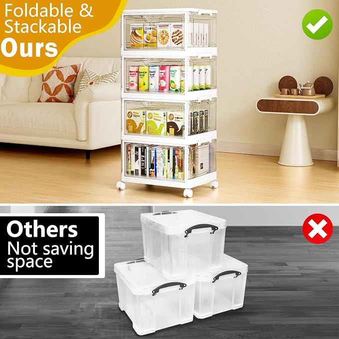 SNSLXH Portable Clear Storage Bins with Lid & Wheels, 24QT Clear Storage Bins with Lid, 4-Tier Plastic Bins with Wheels, Stackable, Magnetic Doors, for Bedroom, Living Room, Office - Image 4