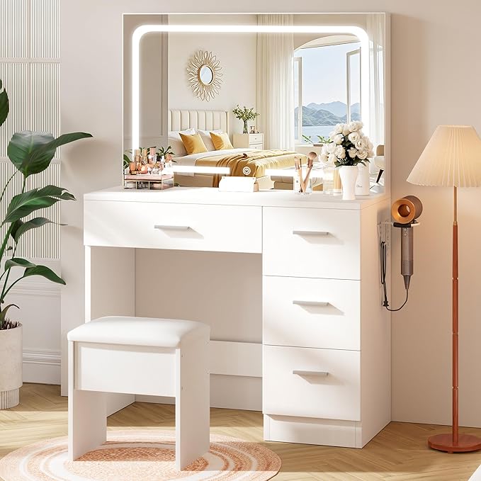 LIVELYGLOW Makeup Vanity Desk with Charging Station & LED Mirror – 35.4" Vanity Set with 4 Drawers, 3 Lighting Modes – Modern Bedroom Furniture (15.7" D x 35.4" W x 53.9" H), White