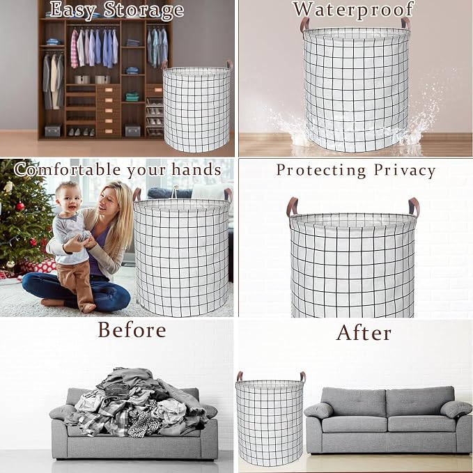 Waterproof Laundry Hamper Collapsible Laundry Basket Leather Handle Laundry Bag Large Clothes Storage Toy Organization for Bathroom Bedroom Laundryroom College Dorms (Laundry Basket-003) - Image 3