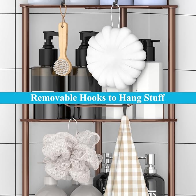 HuggieGems 3 Tier Floor Standing Corner Shower Caddy Organizer Shelf with Hooks, Bathroom Shelves Stand Rack, Coffee - Image 4